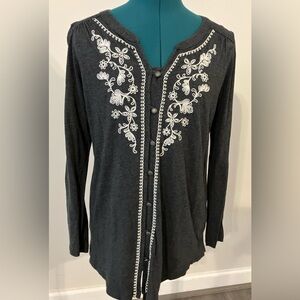 J. JILL Small Gray Embroidered Cotton Modal Button Down Shirt